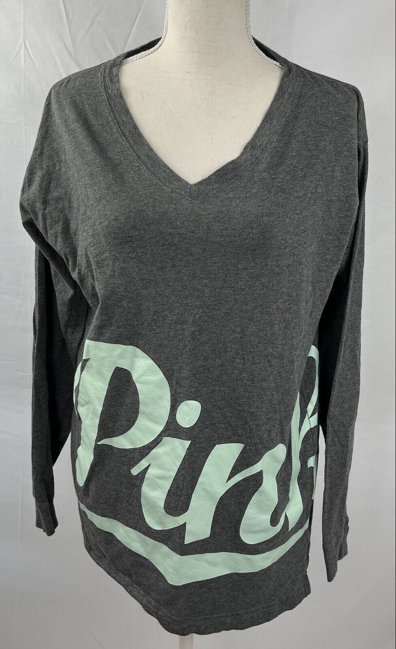 PINK Victoria’s Secret Gray With Light Green Pink V-Neck Long Sleeve Size S/P